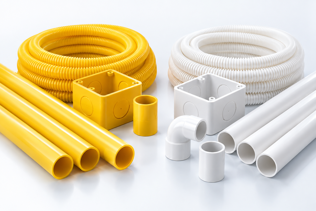 ท่อ PVC ร้อยสายไฟสีเหลืองและสีขาว พร้อมท่ออ่อนลูกฟูก ข้อต่อตรง ข้องอ และกล่องพักสายไฟ