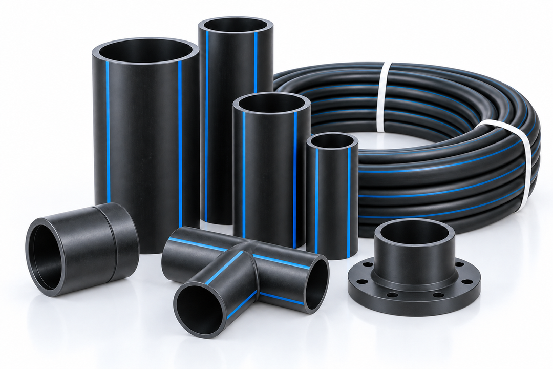 ท่อ HDPE สีดำคาดเส้นสีฟ้า ทั้งแบบท่อนและแบบม้วน พร้อมข้อต่อตรง สามทาง และหน้าแปลน