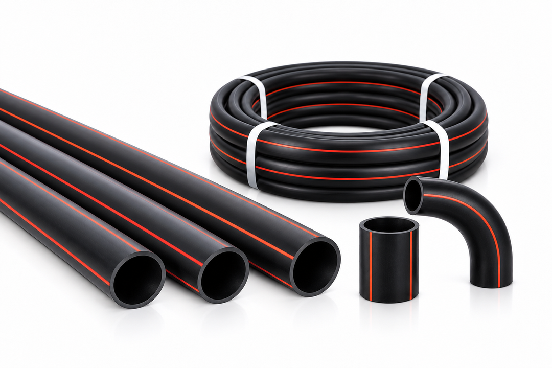 ท่อ HDPE สีดำคาดเส้นสีแดงส้ม ทั้งแบบท่อนและแบบม้วน พร้อมข้อต่อตรงและข้องอ