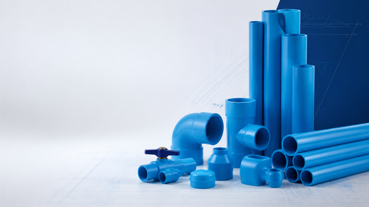 ท่อ PVC สีฟ้า ข้อต่อ PVC และวาล์วน้ำ วางเรียงบนพื้นหลังสีขาวและลายแบบแปลนสีฟ้าอ่อน
