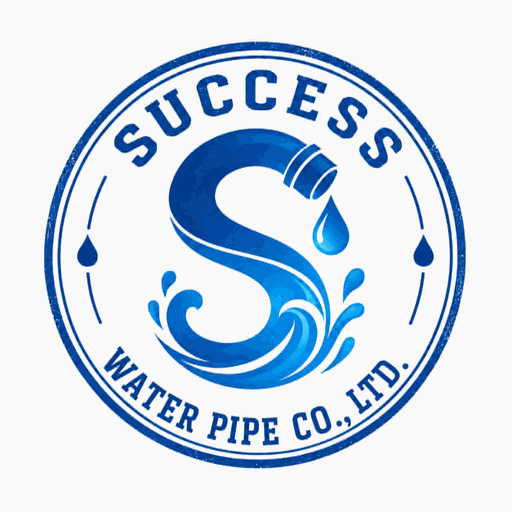 โลโก้ SUCCESS WATER PIPE รูปตัวอักษร S สีน้ำเงินกับหยดน้ำและปลายท่อ